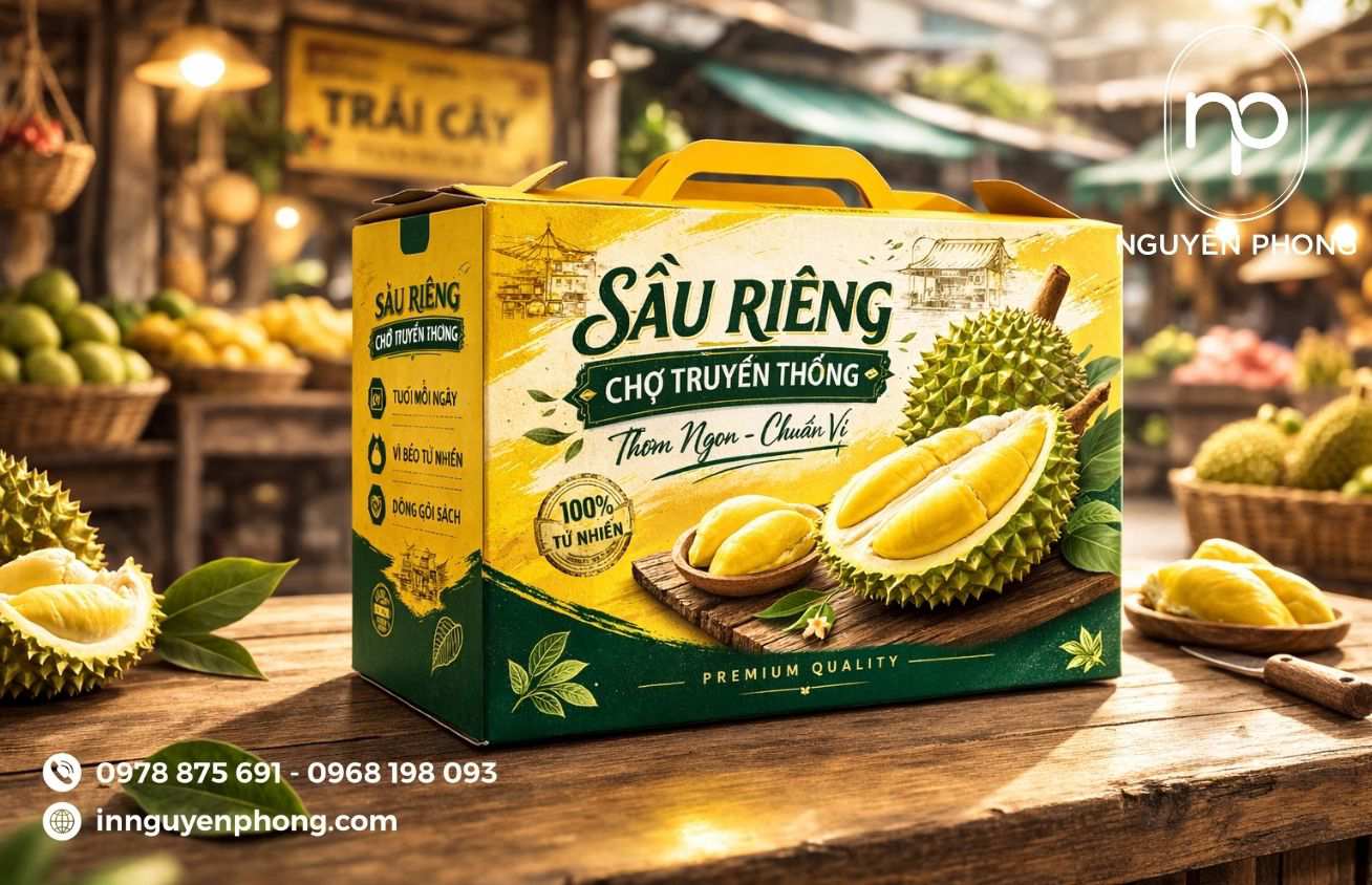Mẫu in thùng carton đựng sầu riêng thiết kế quai cầm 